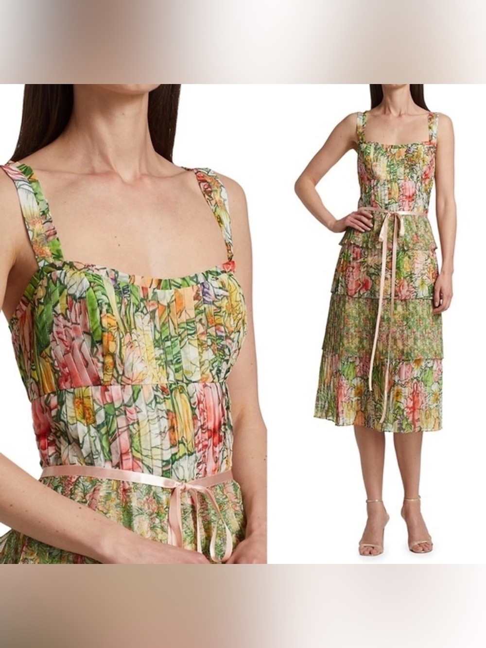 NWT Marchesa Notte Floral Tiered Pleated Tie Waist Midi Dress 8 Wedding Guest
